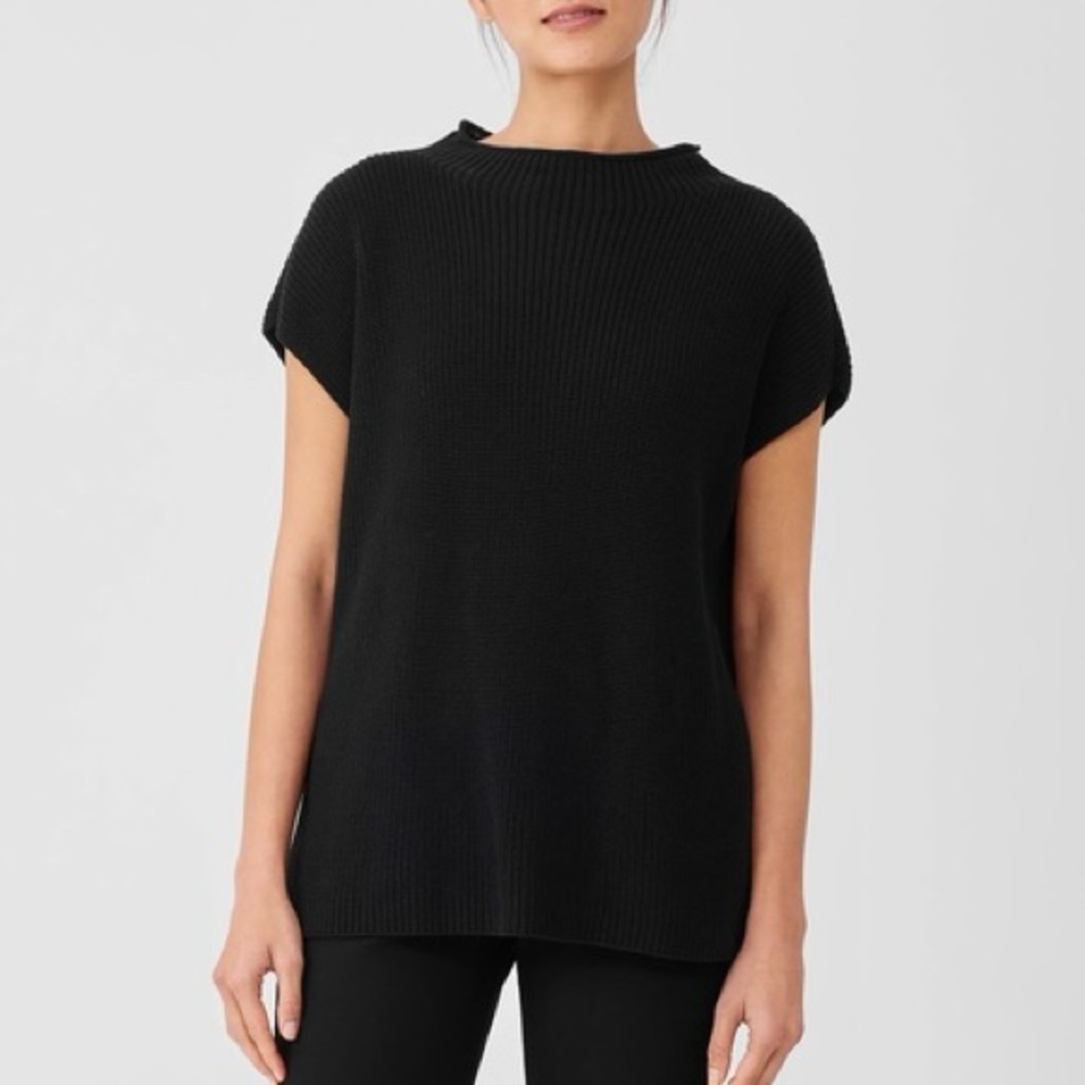 Eileen Fisher Peruvian Cotton Blend Funnel Neck Top in Black | XL | EUC